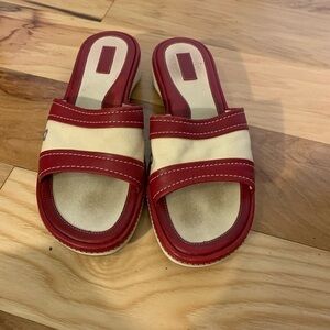 LL bean leather and canvas wedge slides. 8.5